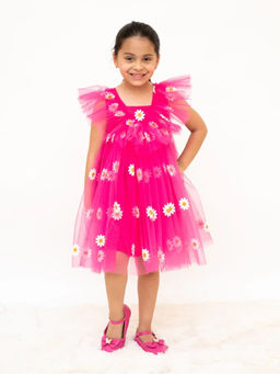 Fayon Kids - Pink Net Square Neck Embroidered Dress