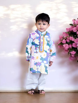 Fayon Kids - Multi-Color Cotton Full Sleeves Printed Kurta With Pant