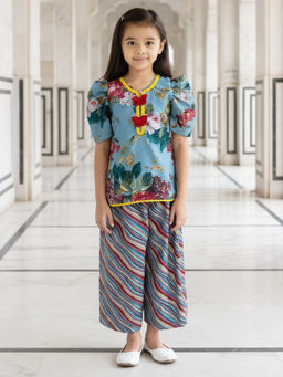 Fayon Kids - Blue Cotton Half Sleeves Printed Kurti With Palazzo