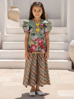Fayon Kids - Green Cotton Half Sleeves Printed Kurti With Palazzo