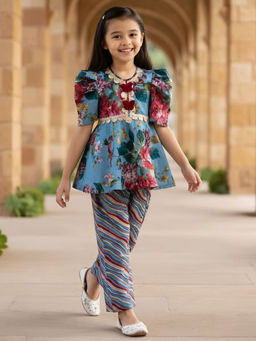 Fayon Kids - Blue Cotton Half Sleeves Printed Kurti With Palazzo