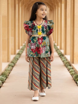 Fayon Kids - Green Cotton Half Sleeves Printed Kurti With Palazzo