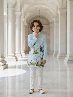 Fayon Kids - Blue Cotton Full Sleeves Printed Kurta With Pant