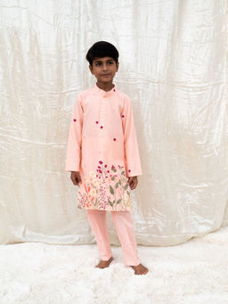 Fayon Kids - Peach Cotton Full Sleeves Embroidered Kurta With Pant