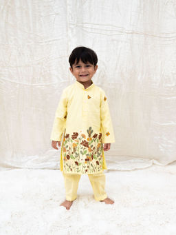 Fayon Kids - Yellow Cotton Full Sleeves Embroidered Kurta With Pant