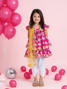 Fayon Kids - Pink Cotton Cap Printed Kurta With Dhoti & Dupatta