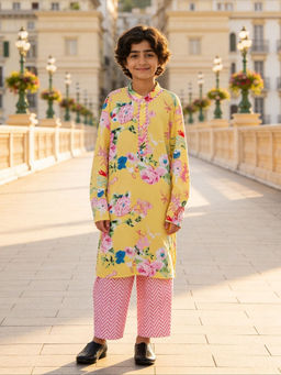 Fayon Kids - Yellow Cotton Full Sleeves Printed Kurta With Pant