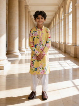 Fayon Kids - Yellow Cotton Full Sleeves Printed Kurta With Pant