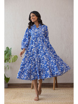 Polago Clothing - White & Blue Cotton Midi Dress