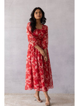 Polago Clothing - Dark Red Chiffon Midi Dress