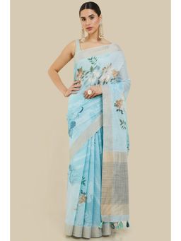 Soch - Women Blue Linen Printed Saree with Unstitched Blouse