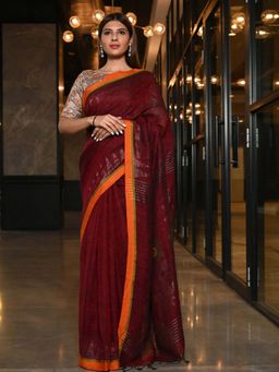 Beatitude - Maroon Linen Handwoven Saree with Unstitched Blouse