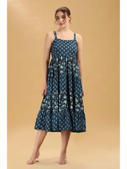 Cotton Culture - Navy Blue Floral Printed Tiered Cotton Flare Dress