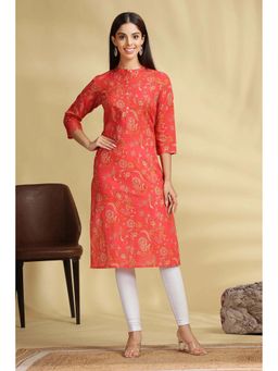 Cotton Culture - Coral Pink Floral Printed Cotton Straight Kurta