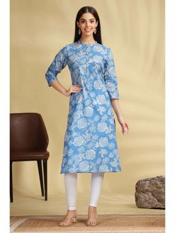 Cotton Culture - Blue Floral Printed Cotton Straight Kurta
