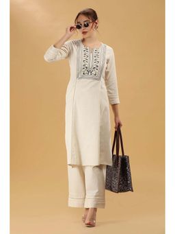 Cotton Culture - Off White Embroidered Flex Cotton Straight Kurta