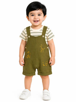 Bloom Up - Olive Stripes Cotton Blend Regular T-Shirt and Romper