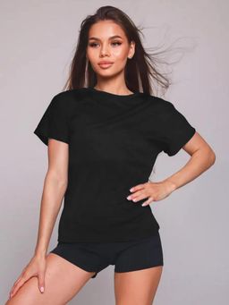 LEOTUDE - Solid Womens Round Neck Black T-Shirt