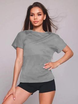 LEOTUDE - Solid Womens Round Neck Grey T-Shirt