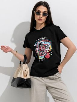 LEOTUDE - Printed Womens Round Neck Black T-Shirt