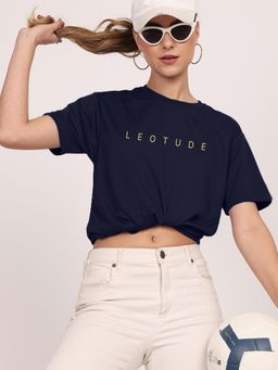 LEOTUDE - Printed Womens Round Neck Navy Blue T-Shirt