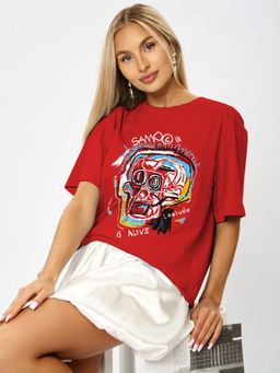 LEOTUDE - Printed Womens Round Neck Red T-Shirt
