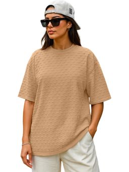 LEOTUDE - Self Design Womens Round Neck Beige T-Shirt