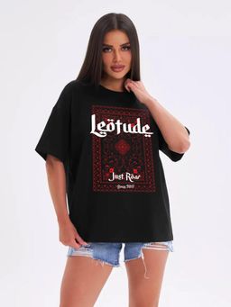 LEOTUDE - Printed Womens Round Neck Black T-Shirt