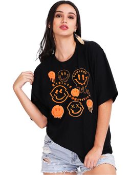 LEOTUDE - Printed Womens Round Neck Black T-Shirt