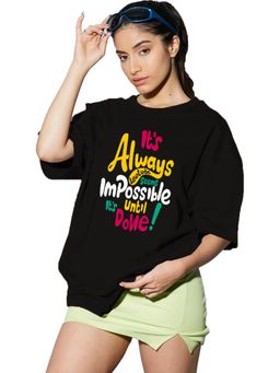 LEOTUDE - Printed Womens Round Neck Black T-Shirt