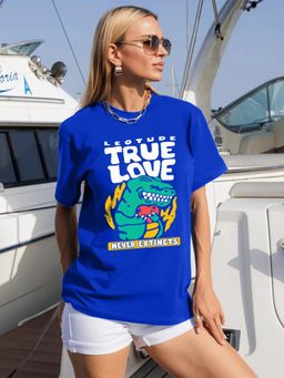 LEOTUDE - Printed Womens Round Neck Blue T-Shirt