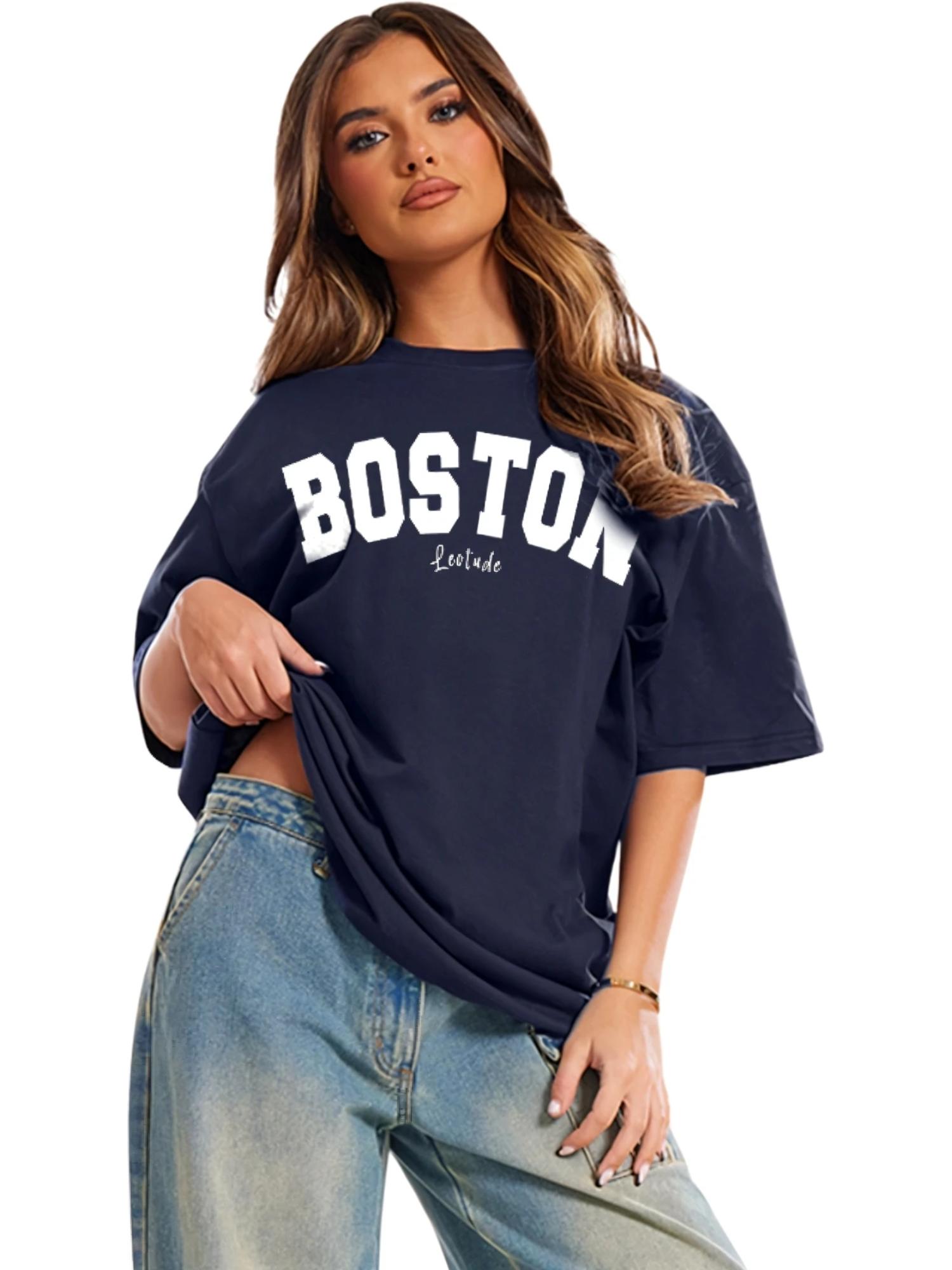 Printed Womens Round Neck Navy Blue T-Shirt