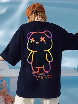 LEOTUDE - Printed Womens Round Neck Navy Blue T-Shirt