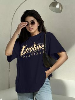 LEOTUDE - Printed Womens Round Neck Navy Blue T-Shirt