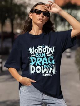 LEOTUDE - Printed Womens Round Neck Navy Blue T-Shirt