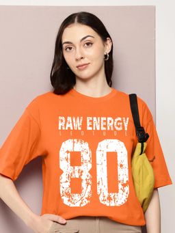 LEOTUDE - Printed Womens Round Neck Orange T-Shirt