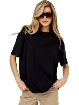 LEOTUDE - Solid Womens Round Neck Black T-Shirt