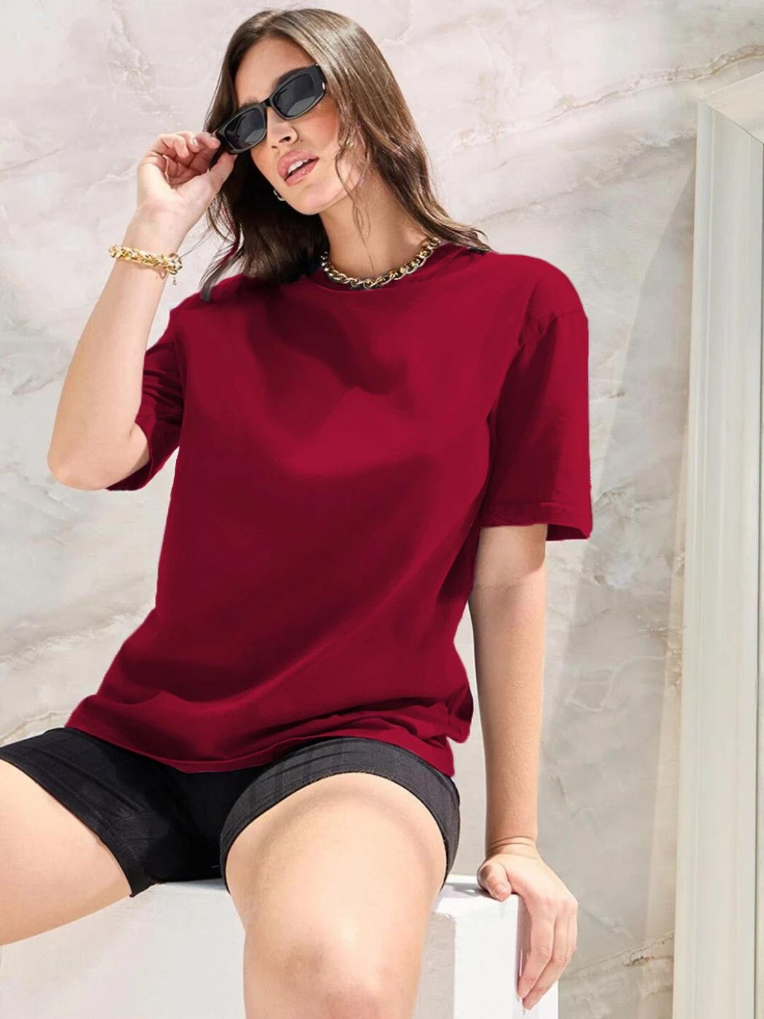 Solid Womens Round Neck Maroon T-Shirt