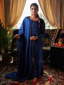 Label Ruby - Beautifully Zari Embroidered Royal Blue Anarkali with Pant and Dupatta (Set of 3)