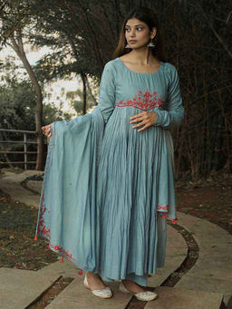 Label Ruby - Hand Embroidered Pale Blue Anarkali with Pant and Dupatta (Set of 3)