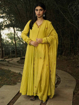 Label Ruby - Hand Embroidered Dark Yellow Anarkali with Pant and Dupatta (Set of 3)