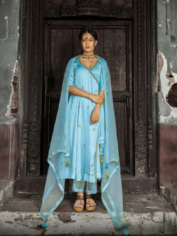 Label Ruby - Hand Embroidered Powder Blue Angarkha with Pant and Dupatta (Set of 3)