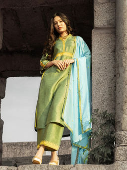 Label Ruby - Embroidered Green Kurta with Pant and Dupatta (Set of 3)