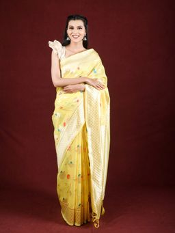 EXCLUSIVA - Yellow Linen Saree Zari Woven Work with Unstitched Blouse