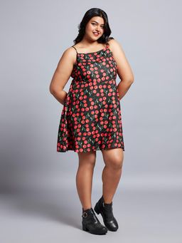 Globus - Gloplus Women Red Cherry Print Square Neck Strappy Sleeves A-Line Mini Plus Size Dress