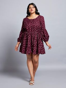 Globus - Gloplus Women Maroon Round Neck Bishop Sleeves Fit & Flare Tiered Mini Plus Size Workwear Dress