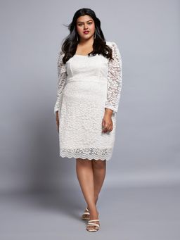 Globus - Gloplus Women White Sweetheart Neck Long Sleeves Floral Lace Scalloped Hem Plus Size Sheath Party Dress
