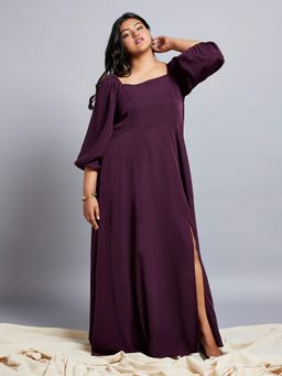 Globus - Gloplus Women Purple Square Neck Bishop Sleeves Flared Hem Side Slit A-Line Plus Size Maxi Party Dress