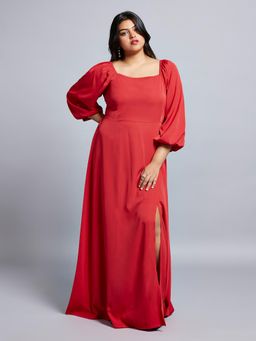 Globus - Gloplus Women Red Square Neck Bishop Sleeves Flared Hem Side Slit A-Line Plus Size Maxi Party Dress