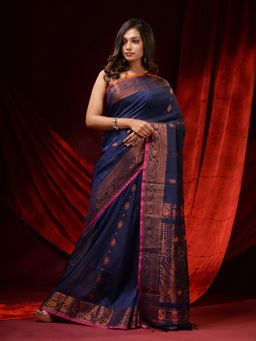 CHARUKRITI - Berry Blue Linen Handwoven Zari Woven Designs and Motifs Saree with Unstitched Blouse